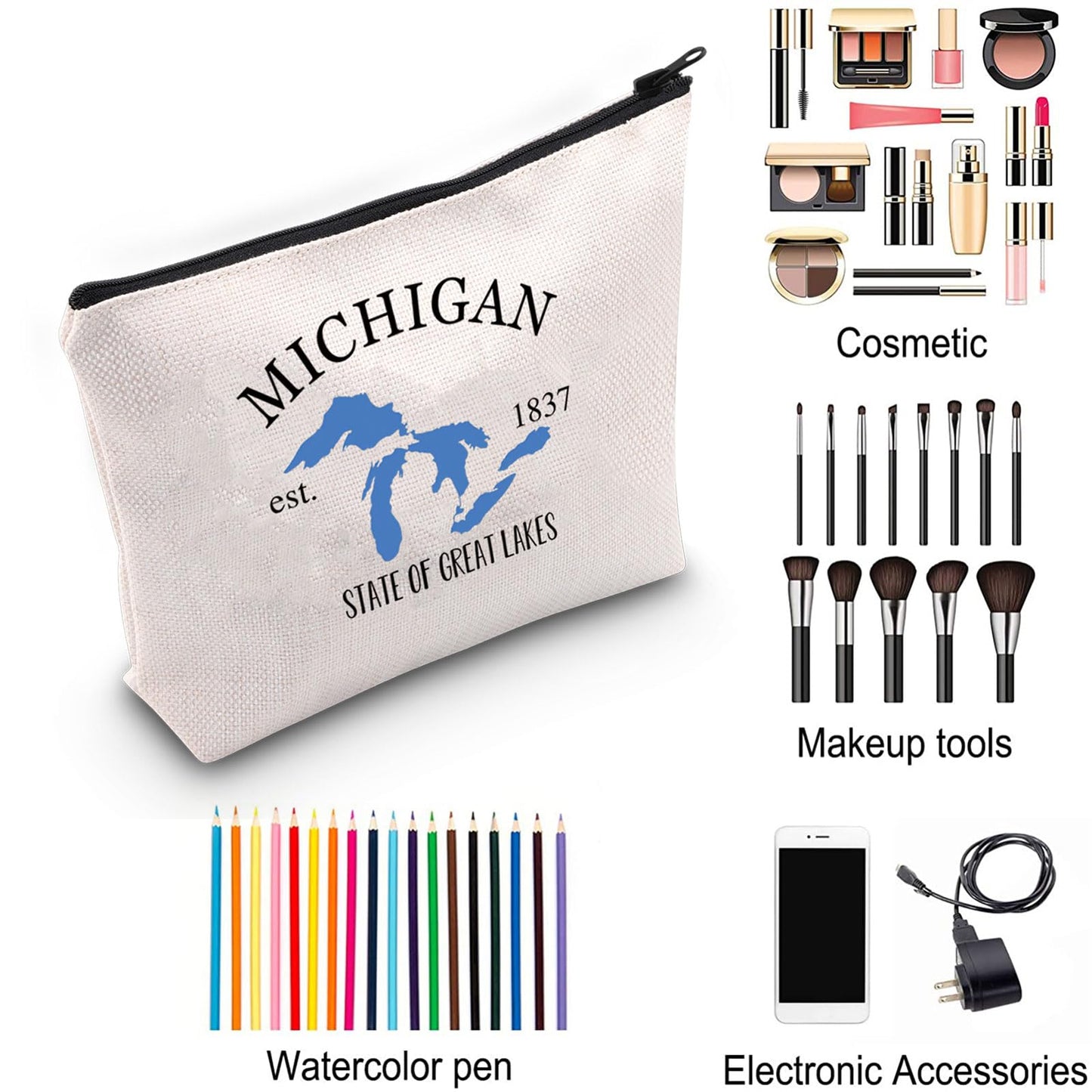 ZJXHPO Michigan State Themed Cosmetic Bag - Waterproof Polyester Makeup Travel Gift Bag - Michigan 1837