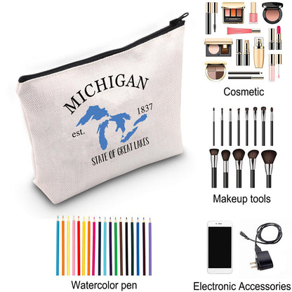 ZJXHPO Michigan State Themed Cosmetic Bag - Waterproof Polyester Makeup Travel Gift Bag - Michigan 1837