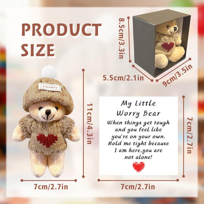 Mini Handcrafted Worry Bear Gift Set with Inspirational Card,Featuring Little Bears in a Box Wearing Hat and Sweater,Mini Bears Serves as Emotional Support Gift for Family,Friends