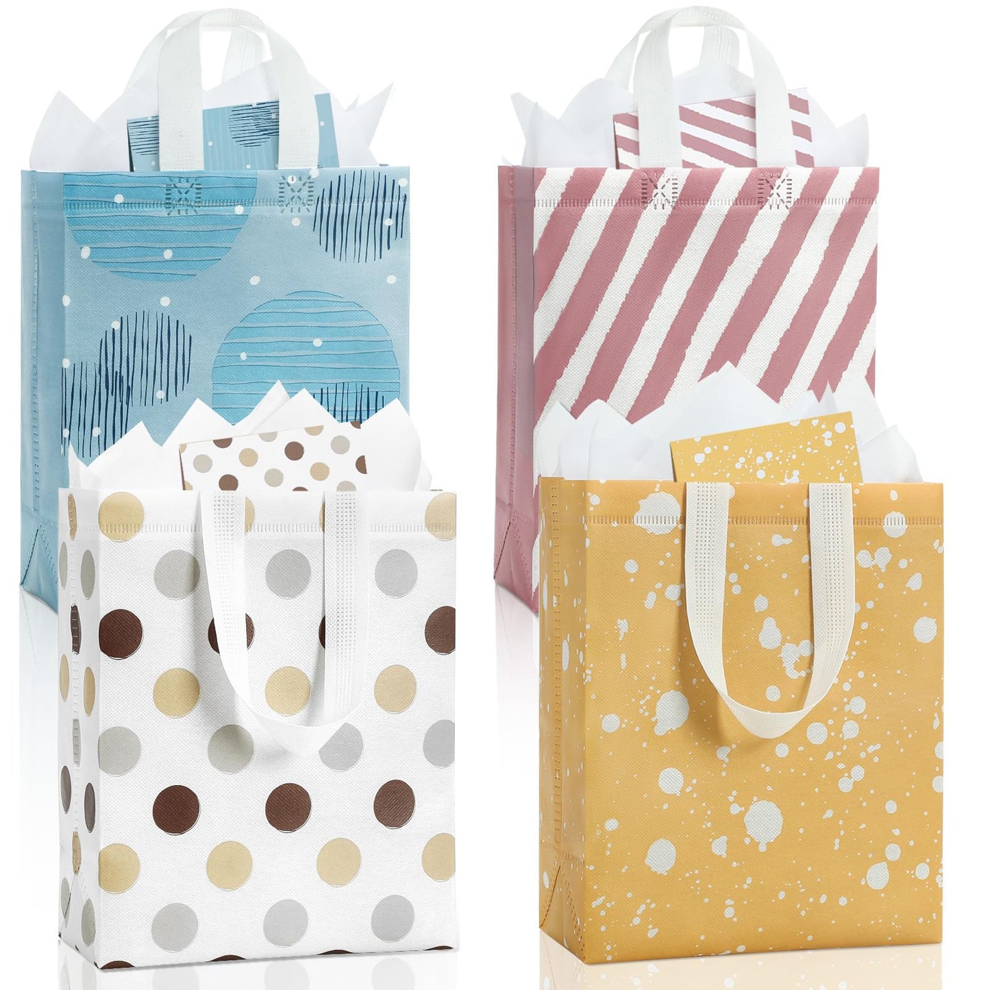 STYPOP 10" Gift Bags Medium Size (4 Pack) - Includes Tissue Paper & Cards, Reusable Non-Woven Gift Bags with handles, Perfect for Mothers Day, Birthday, Wedding, Baby Shower, Party, 10" x 8" x 4"