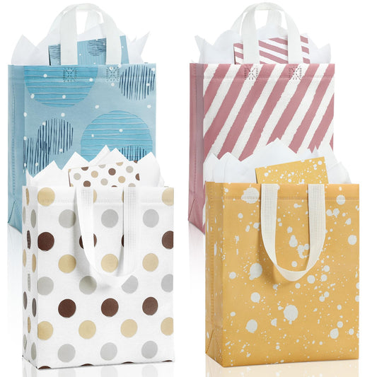 STYPOP 10" Gift Bags Medium Size (4 Pack) - Includes Tissue Paper & Cards, Reusable Non-Woven Gift Bags with handles, Perfect for Mothers Day, Birthday, Wedding, Baby Shower, Party, 10" x 8" x 4"