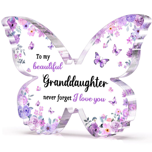 Granddaughter Gifts from Grandma Grandpa - Unique Purple Butterfly Acrylic Plaque Desk Decor - Mothers Day Christmas Valentines Day Graduation Gift for Granddaughter - 5 x 3.8 x 0.5 inches