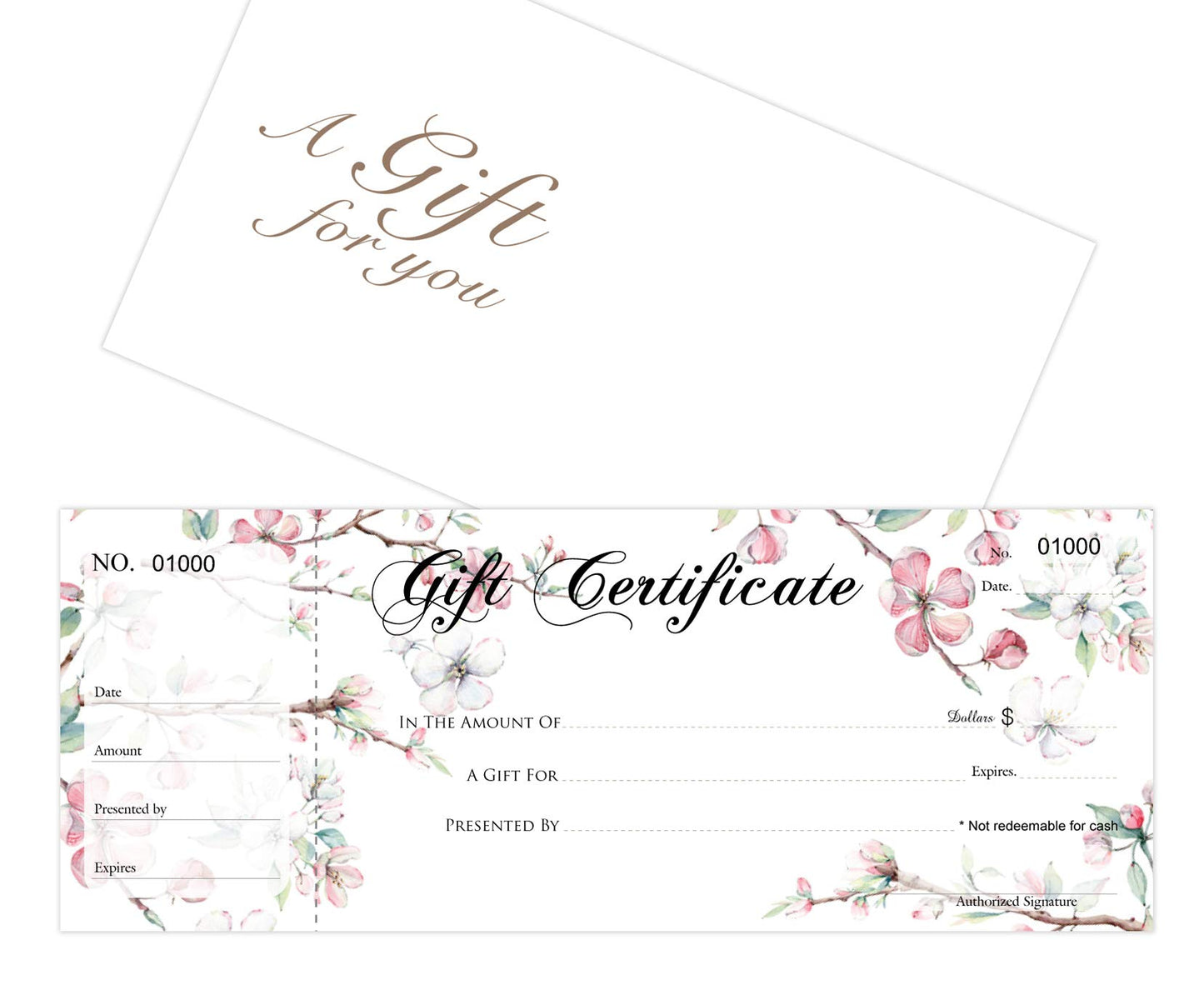 Blank Gift Certificates 25set, gift certificate for business, Gift-Blossoms-PP, Comes with Free matching Envelopes, Sequential Numbering Printing