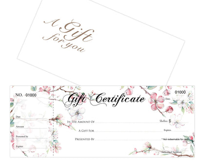 Blank Gift Certificates 25set, gift certificate for business, Gift-Blossoms-PP, Comes with Free matching Envelopes, Sequential Numbering Printing