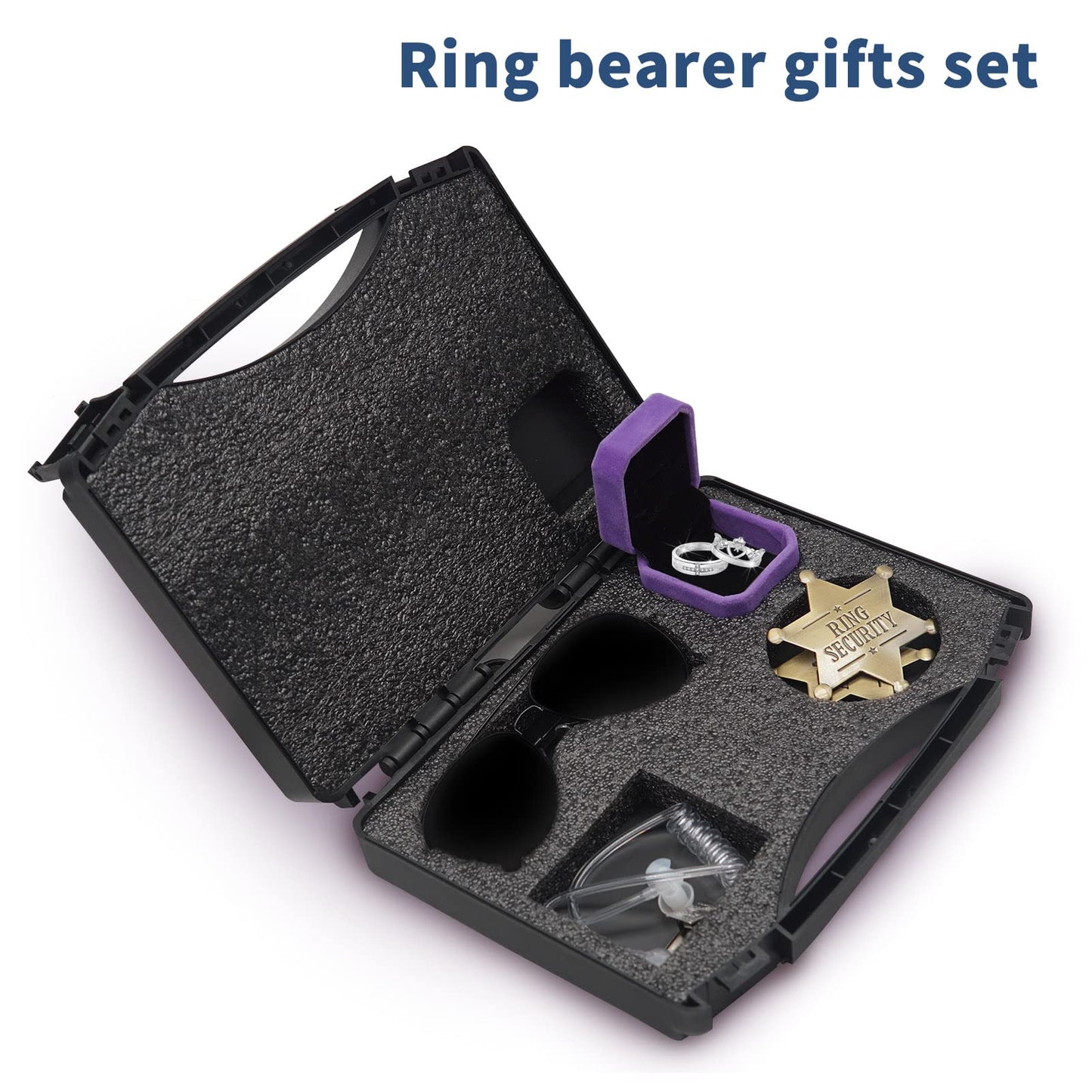 Ring Security Wedding Ring Bearer Gifts Box Set Include Ring Security Badges, Acoustic Earpiece Tube, Rings Bearer Sunglass, Wedding Rings Box with 2 Rings