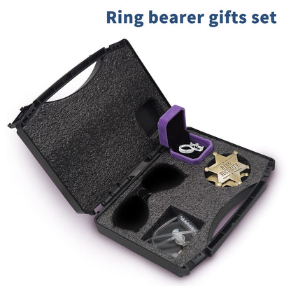 Ring Security Wedding Ring Bearer Gifts Box Set Include Ring Security Badges, Acoustic Earpiece Tube, Rings Bearer Sunglass, Wedding Rings Box with 2 Rings