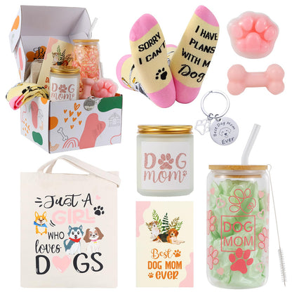 Bayelove Dog Mom Gifts for Women Best Dog Mom Gifts Dog Gift Basket Cool Gifts for Dog Lovers Include Canvas Tote Bag Glass Cup Keychain Socks Gift Card for Birthday Christmas Mothers Day