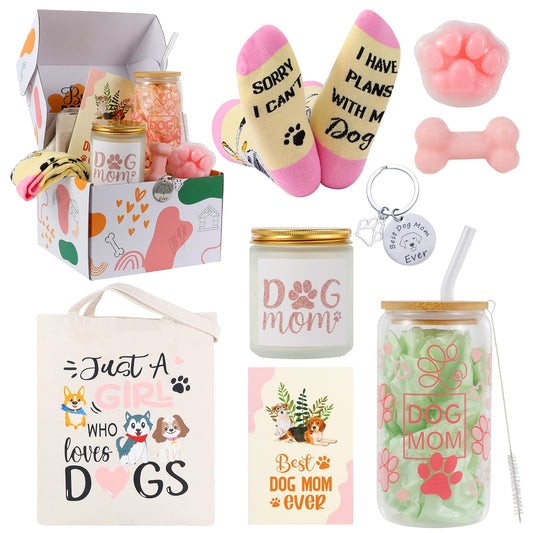 Bayelove Dog Mom Gifts for Women Best Dog Mom Gifts Dog Gift Basket Cool Gifts for Dog Lovers Include Canvas Tote Bag Glass Cup Keychain Socks Gift Card for Birthday Christmas Mothers Day