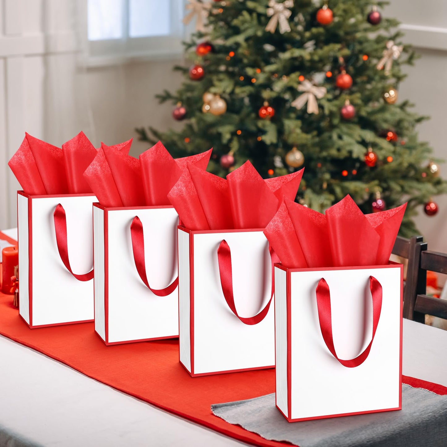 Yeaqee 24 Pack Metallic Paper Gift Bags with Handle and Tissue 9x7x3.1 Gold Foil Welcome Thank You Favor Bags Return Gifts for Wedding Graduation Bridesmaid Groomsmen Birthday(White, Dark Red)
