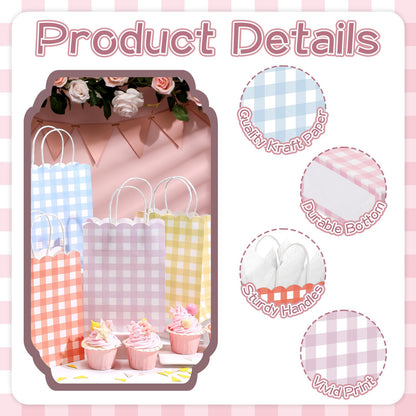 Kolldenn 24 Pcs Gingham Party Supplies Pastel Gift Bags 8.27 x 6.3 x 3.15 Inch Kraft Paper Checkered Plaid Candy Goodie Party Favors Bags for Easter Picnic BBQ Birthday Baby Shower Wedding