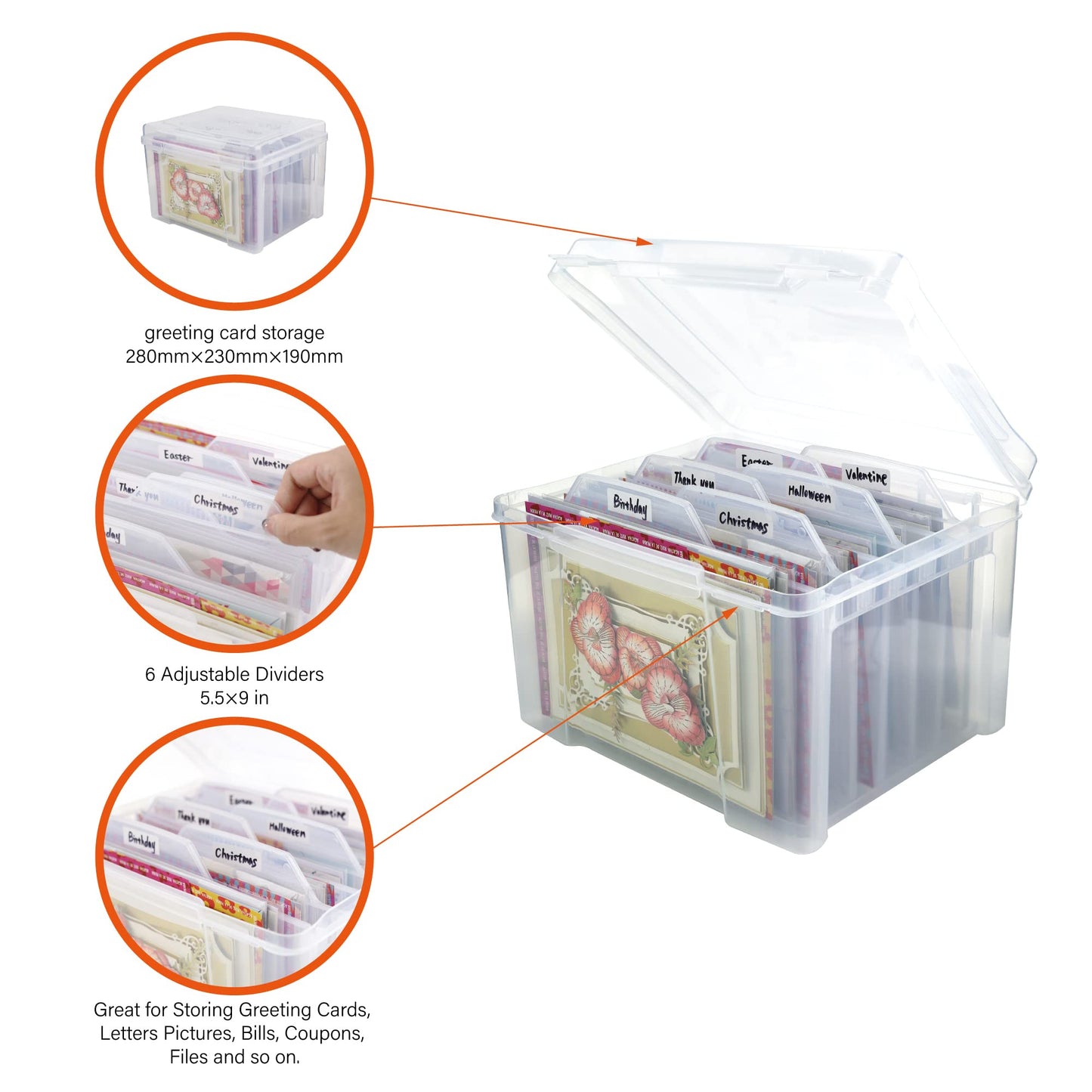 Greeting Card Storage & Organizer Box with 6 Removable Dividers for Holiday Birthday Get Well Cards Photos, Crafts, Scrapbooking(Clear)