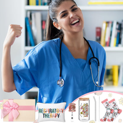 Skylety 5 Pcs Respiratory Therapist Gifts Set 16oz Glass Cup Socks Cosmetic Bag RT Badge Reel Thank You RT Appreciation Gift Box for Women Respiratory Therapist accessories Nurse Doctor Gift