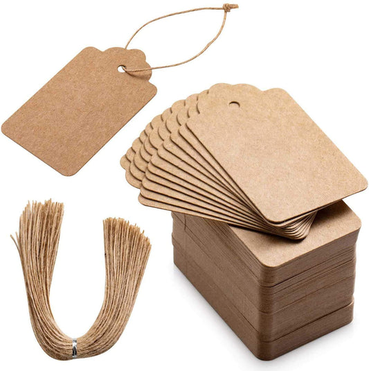 Primbeeks 250 pcs Premium Gift Double-Sided Available Kraft Paper Price Tags with 250 Root Natural Jute Twine, Craft Labels Treats Tags for Wedding Christmas Day Thanksgiving