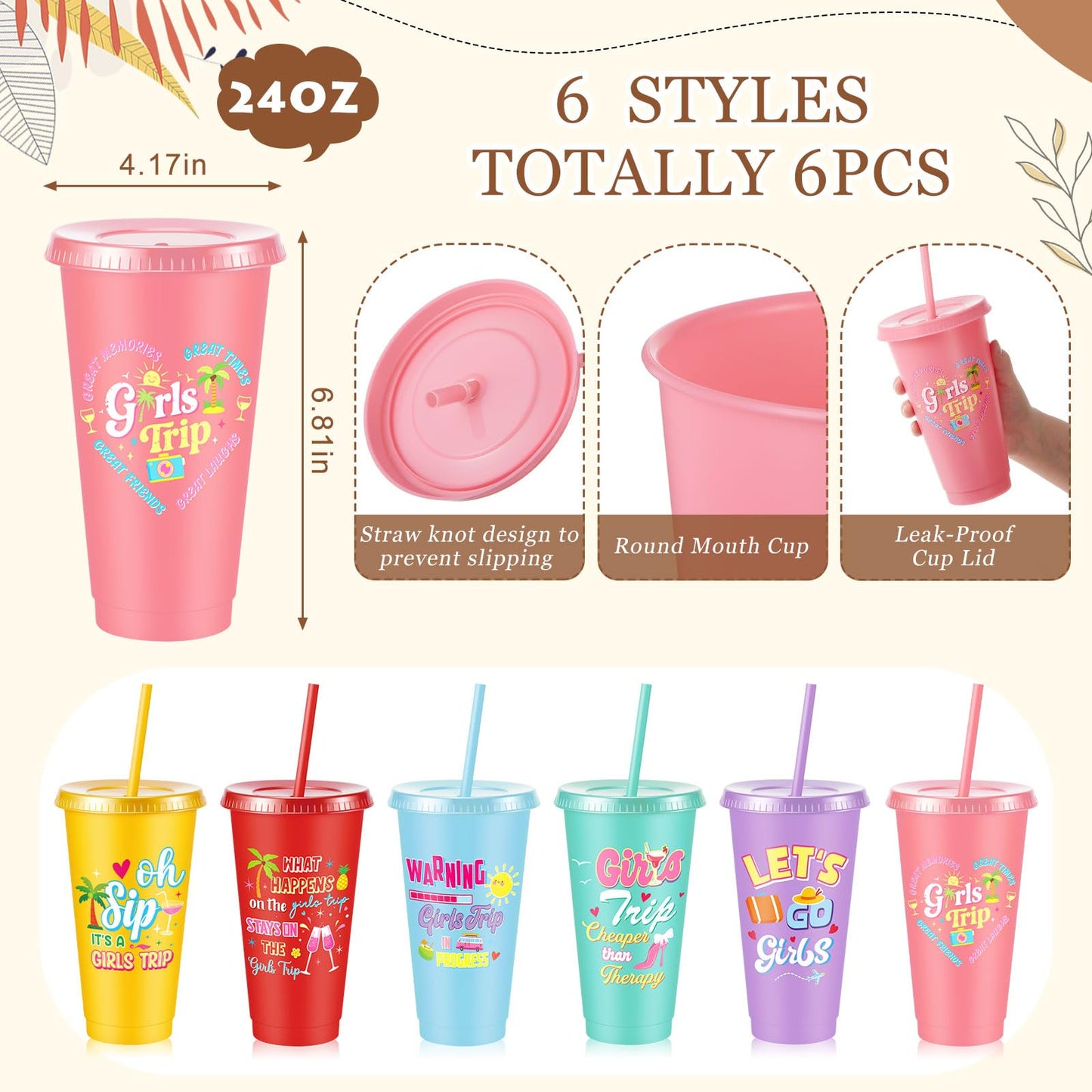 LemonRoad 6 Set/37 Pcs Girls Trip Gifts Plastic Tumbler Cup, Girl Weekend Gift Eye Masks Perfume Travel Bottle Cosmetic Bag Combs for Women Travel Friendship Wedding Bachelorette Party(Bright Color)