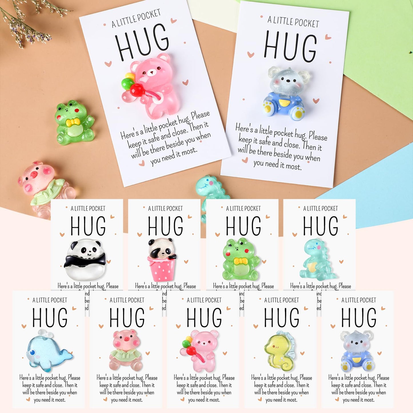 Wonderjune 9 Sets Pocket Hug Bulk Little Resin Animal Emotional Gifts with Positive Pocket Hug Card Appreciation Gifts for Classroom Graduation Teacher Nurse Friends Student(Cute Style)