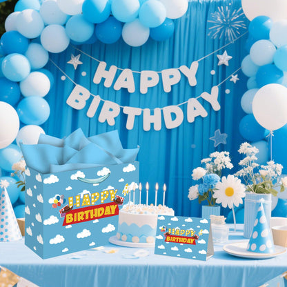 Blue Sky White Clouds Gift Bag - Extra Large Happy Birthday Bags with Card & Tissue Paper - Cheerful Cartoon Story Design for Kids Parties, Baby Showers & Celebrations
