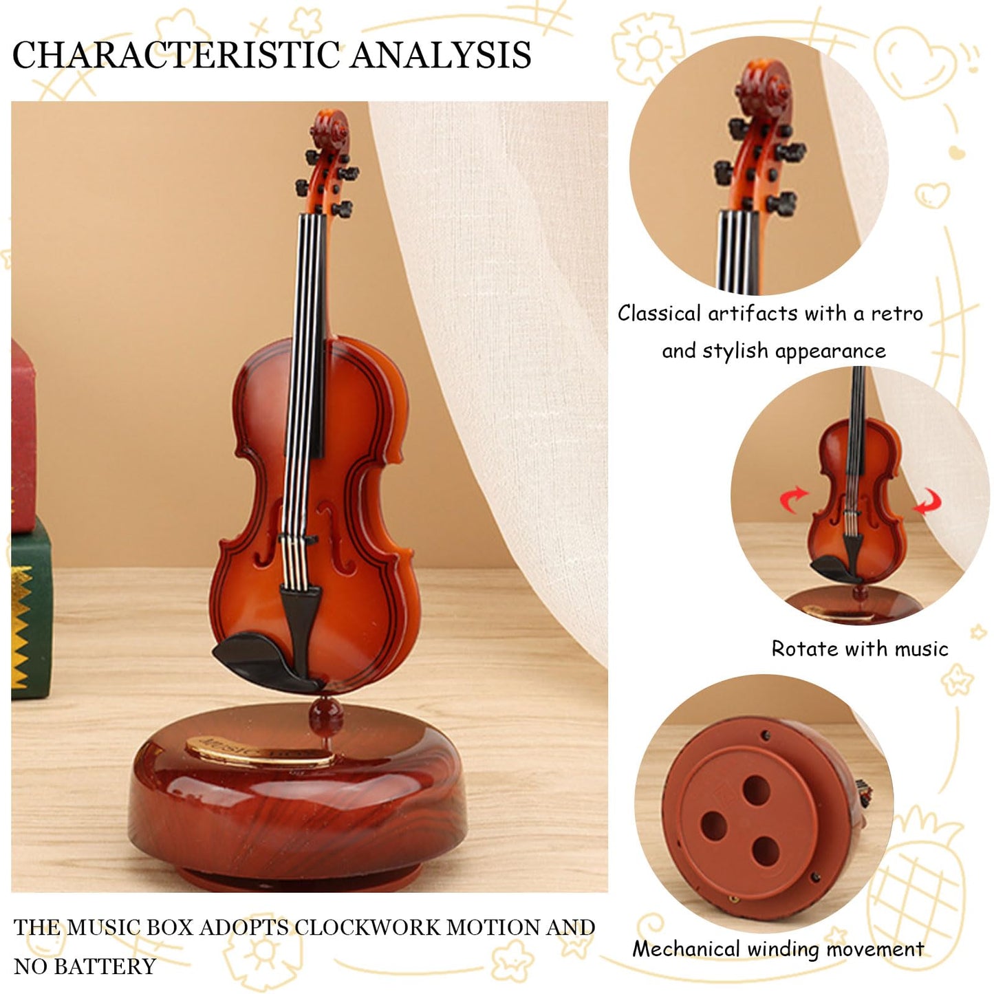 Violin Music Box - Classical Music Box Mini Replica Instrument Crafts Decoration Gift Craft Home Office Ornament