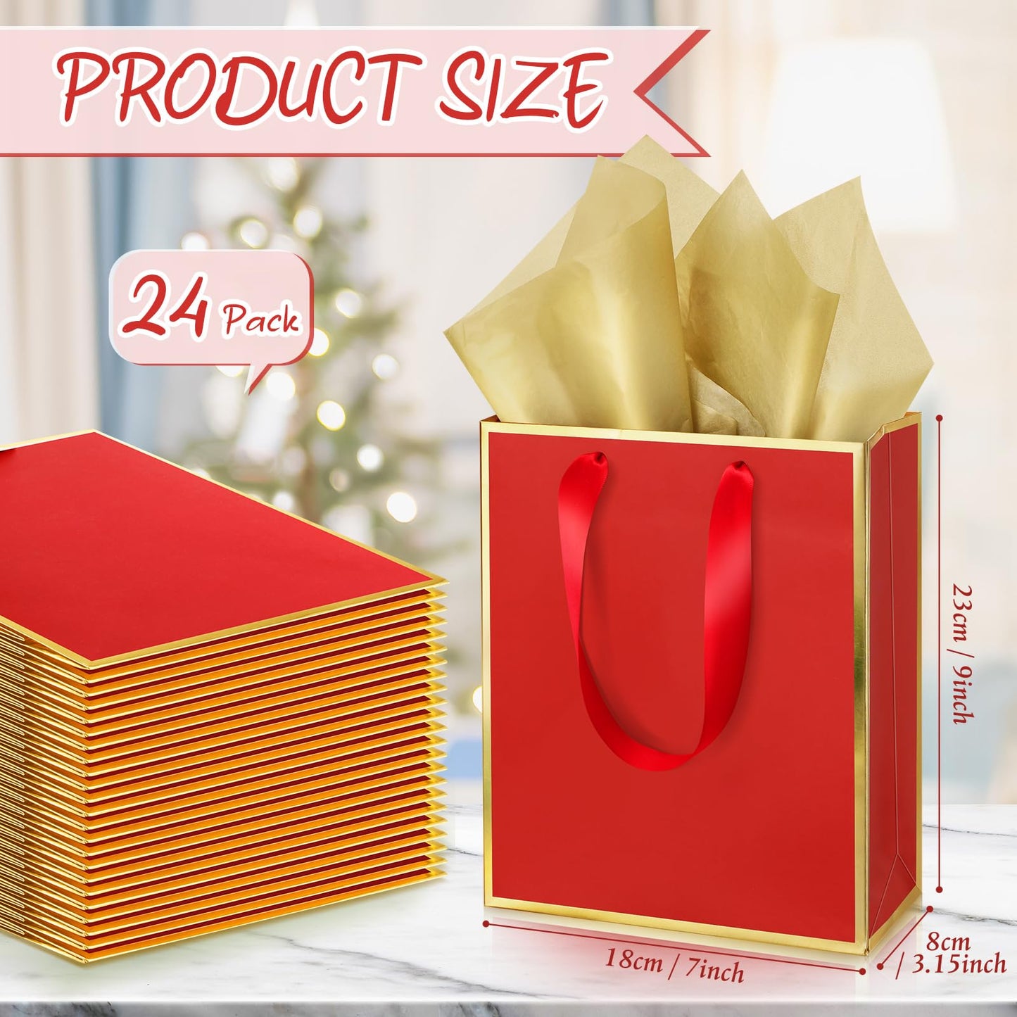 Yeaqee 24 Pack Metallic Paper Gift Bags with Handle and Tissue 9x7x3.1 Gold Foil Welcome Thank You Favor Bags Return Gifts for Wedding Graduation Bridesmaid Groomsmen Birthday(Red Gold)