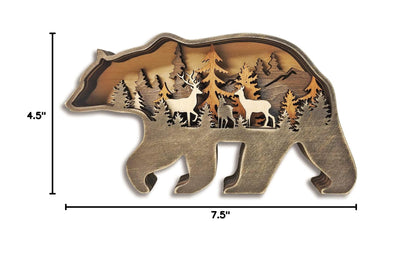 MACLARONX Wood Bear Art Decor Multi-Layer Brown Bear Figurine Rustic Home Shelf Desktop Decorations Creative Wild Animal Cutout Silhouette Crafts