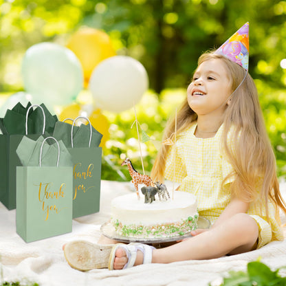 Whaline 30Pcs Sage Green Thank You Paper Gift Bags 6.3 x 3.1 x 8.7 inch 3 Colors Gold Foil Thank You Party Favor Bag with Handle 40 Sheet Tissue Paper for Wedding Birthday One Lucky Duck Gift Wrapping