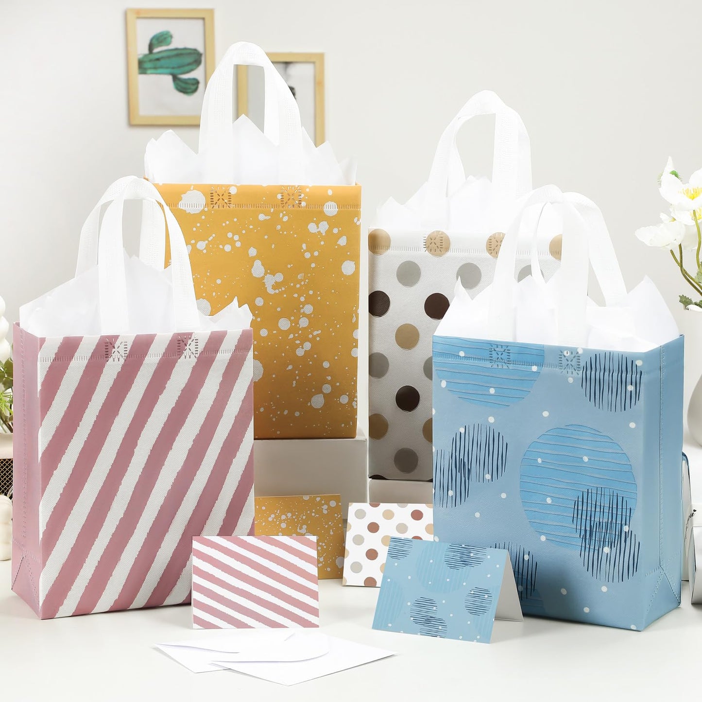 STYPOP 10" Gift Bags Medium Size (4 Pack) - Includes Tissue Paper & Cards, Reusable Non-Woven Gift Bags with handles, Perfect for Mothers Day, Birthday, Wedding, Baby Shower, Party, 10" x 8" x 4"