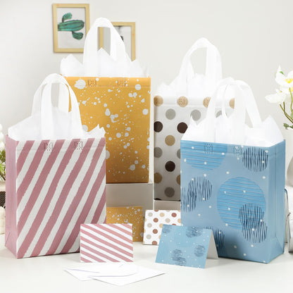 STYPOP 10" Gift Bags Medium Size (4 Pack) - Includes Tissue Paper & Cards, Reusable Non-Woven Gift Bags with handles, Perfect for Mothers Day, Birthday, Wedding, Baby Shower, Party, 10" x 8" x 4"