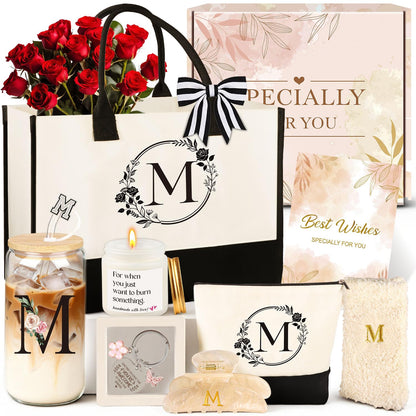 Birthday Gifts for Women, 10pcs Monogrammed Gifts for Women Initial Canvas Tote Bag, Makeup Bag, Glass Cup, Hair Clip, Candle Basket Birthday Personalized Gift for Her Woman Mom Wife Friend Teacher, M