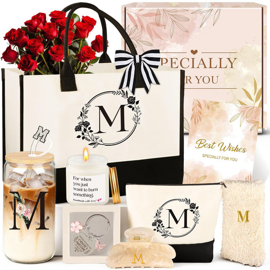 Birthday Gifts for Women, 10pcs Monogrammed Gifts for Women Initial Canvas Tote Bag, Makeup Bag, Glass Cup, Hair Clip, Candle Basket Birthday Personalized Gift for Her Woman Mom Wife Friend Teacher, M