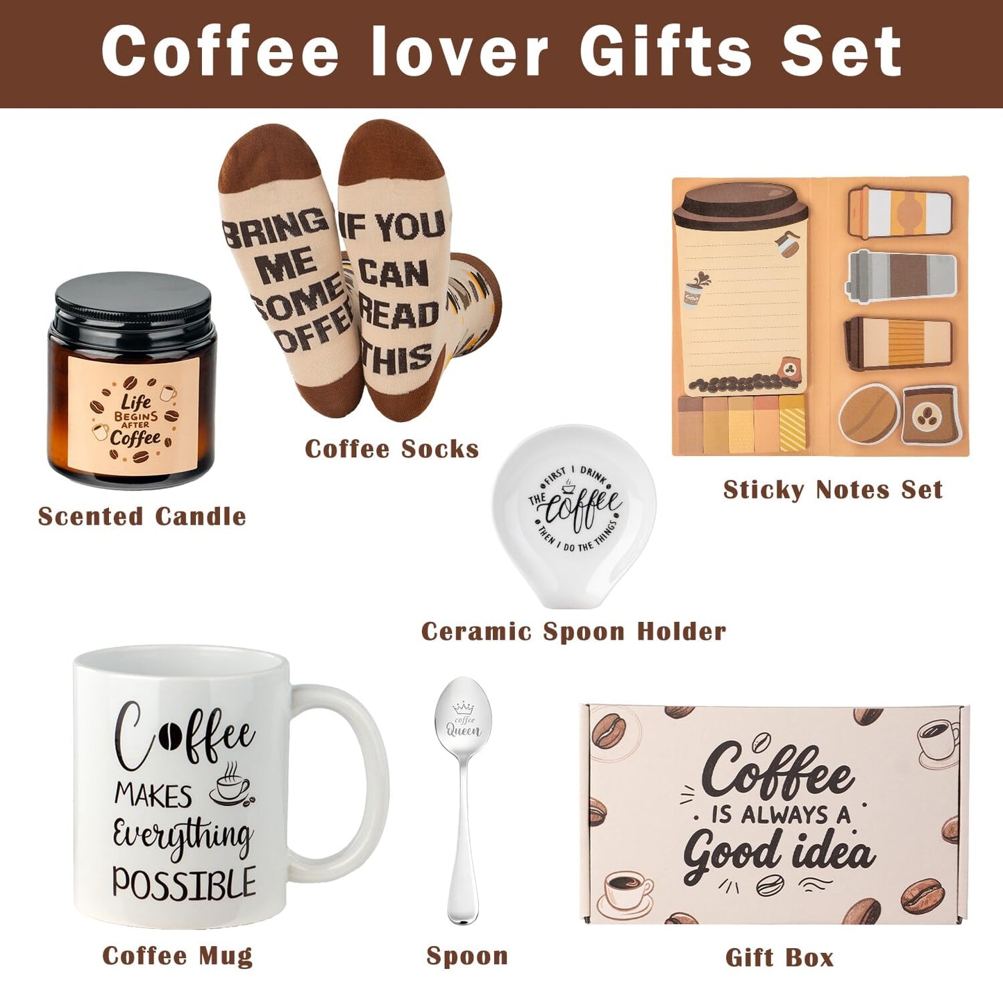 Ithmahco Coffee Lover Gifts for Women Men - Includes Mug Spoon Rest Holder Candle Socks Sticky Notes Set, Coffee Gift Basket for Birthday Mothers Day Galentines Valentines Day Christmas Gift Ideas