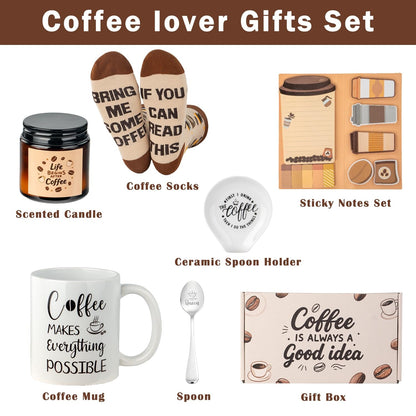 Ithmahco Coffee Lover Gifts for Women Men - Includes Mug Spoon Rest Holder Candle Socks Sticky Notes Set, Coffee Gift Basket for Birthday Mothers Day Galentines Valentines Day Christmas Gift Ideas