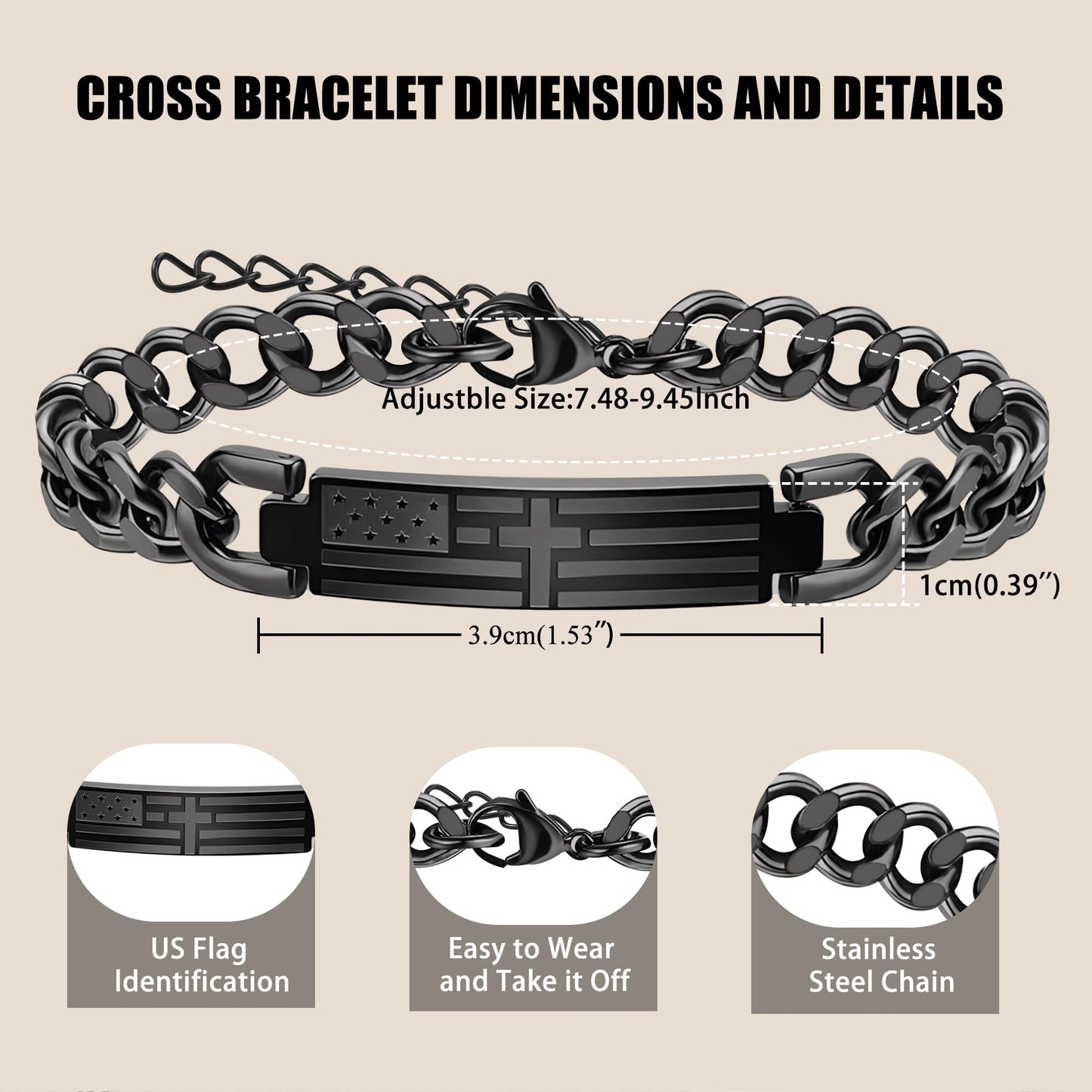 Gifts for Dad Husband Son Religious Christian Gifts Cross Bracelet for Men Teen Boys Adjustable Stainless Steel Bracelets for Men with American Flag Boyfriends Brother Grandson Baptism Birthday Gift