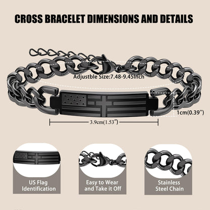 Gifts for Dad Husband Son Religious Christian Gifts Cross Bracelet for Men Teen Boys Adjustable Stainless Steel Bracelets for Men with American Flag Boyfriends Brother Grandson Baptism Birthday Gift