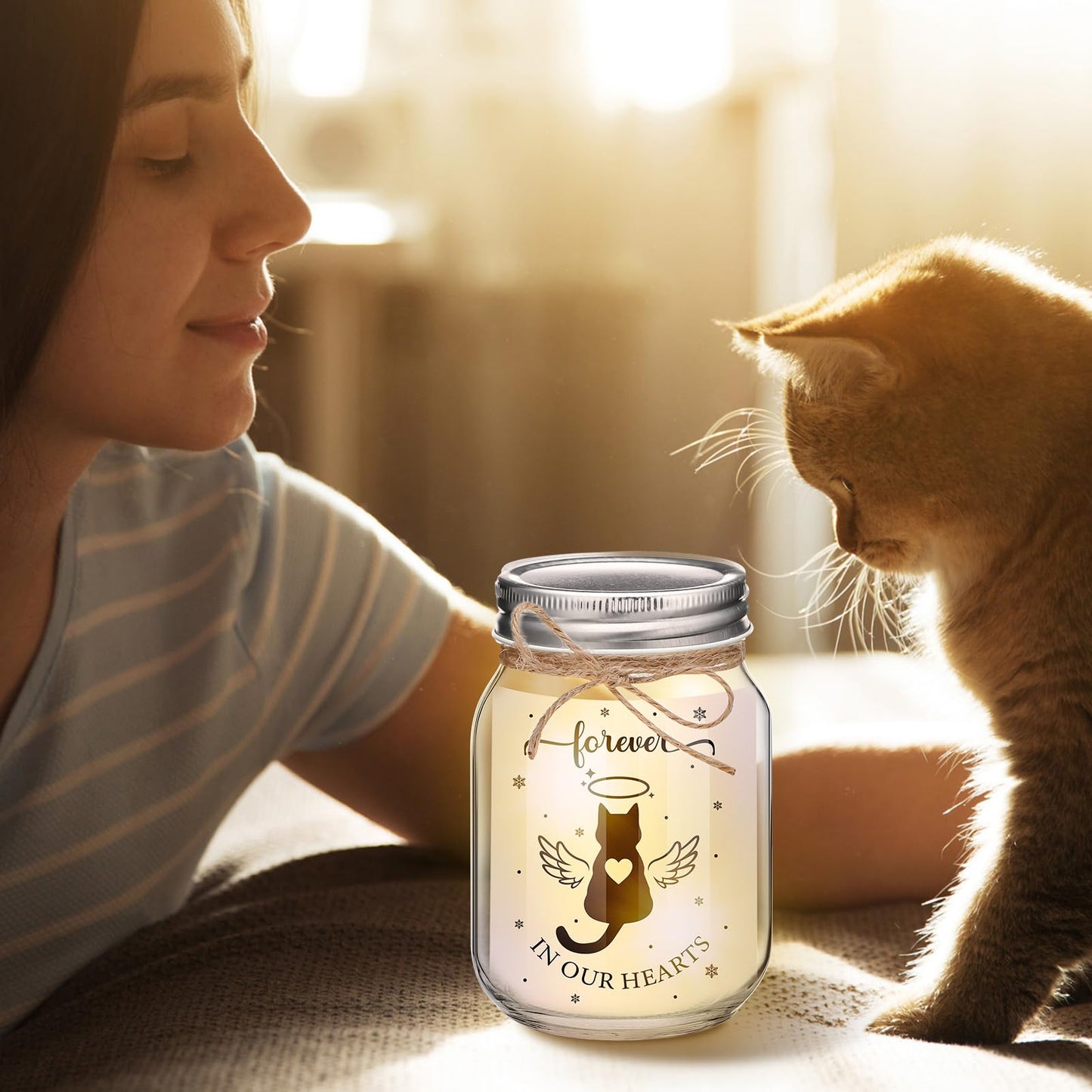 Glooglitter Cat Memorial Gifts for Loss of Cat Mason Jar Night Light Decor Pet Lover Sympathy Remembrance Gifts for Women Loss Loved Pet Bereavement Memorial Ornament