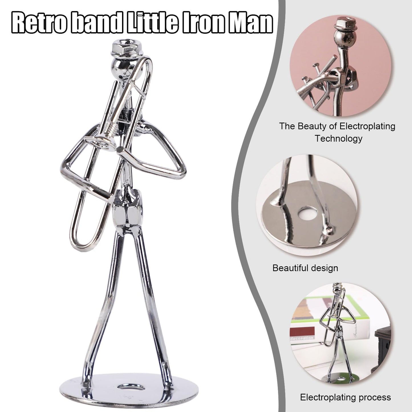 Small Iron Sculpture,Metal Musician Player,Art Figurine Decorations,Musical Man Statue Gift,Display for Home Office Desk (Trombone)