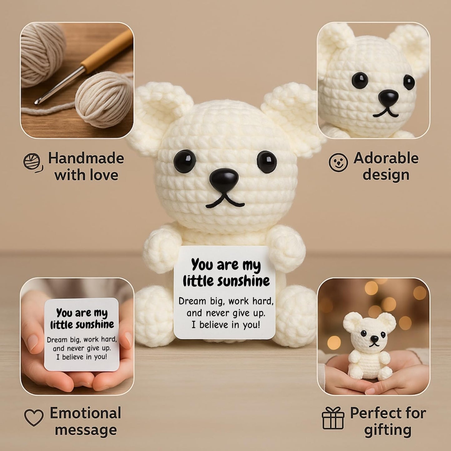 DEYBA Handmade Crochet Bear with Inspirational Message Card – Warmth Series – Thoughtful Encouragement for Friends, Kids & Loved Ones, Perfect for Holidays or Special Occasions