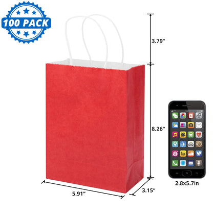 HavrePac 100 Pack 5.9x3.15x8.26 inch Small Gift Bags, Kraft Red Bags with Handles Bulk for Birthday Party Favors,Gift Paper Bags,Retail Shopping Business Goody Craft Gift Bags