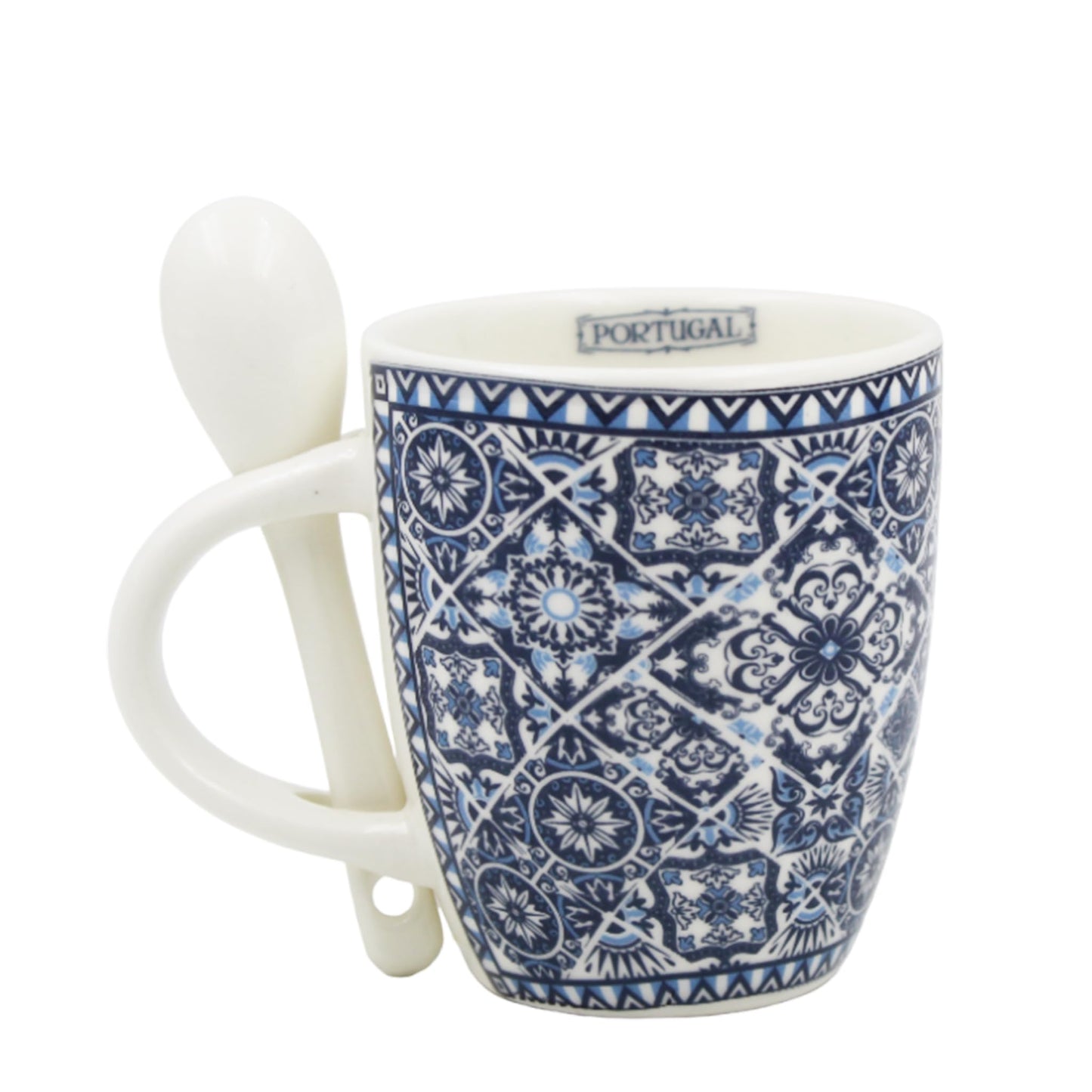 Portuguese Ceramic Espresso Cup with Integrated Spoon Set - Tile Azulejo Design - 4 oz Capacity, Microwave & Dishwasher Safe (Blue & White)