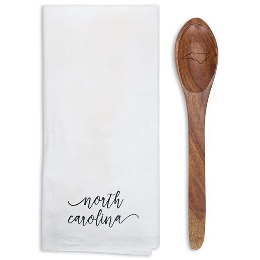 Mary Square North Carolina Black 13 x 6.5 All Cotton and Mango Wood Tea Towel and Spoon Set