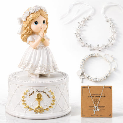 First Communion Gifts for Girls- First Holy Girl Figurine with Keepsake Box & Flower Girl Headpiece & Cross Necklace & Cross Bracelet Included, 1st Communion Gifts for Girls