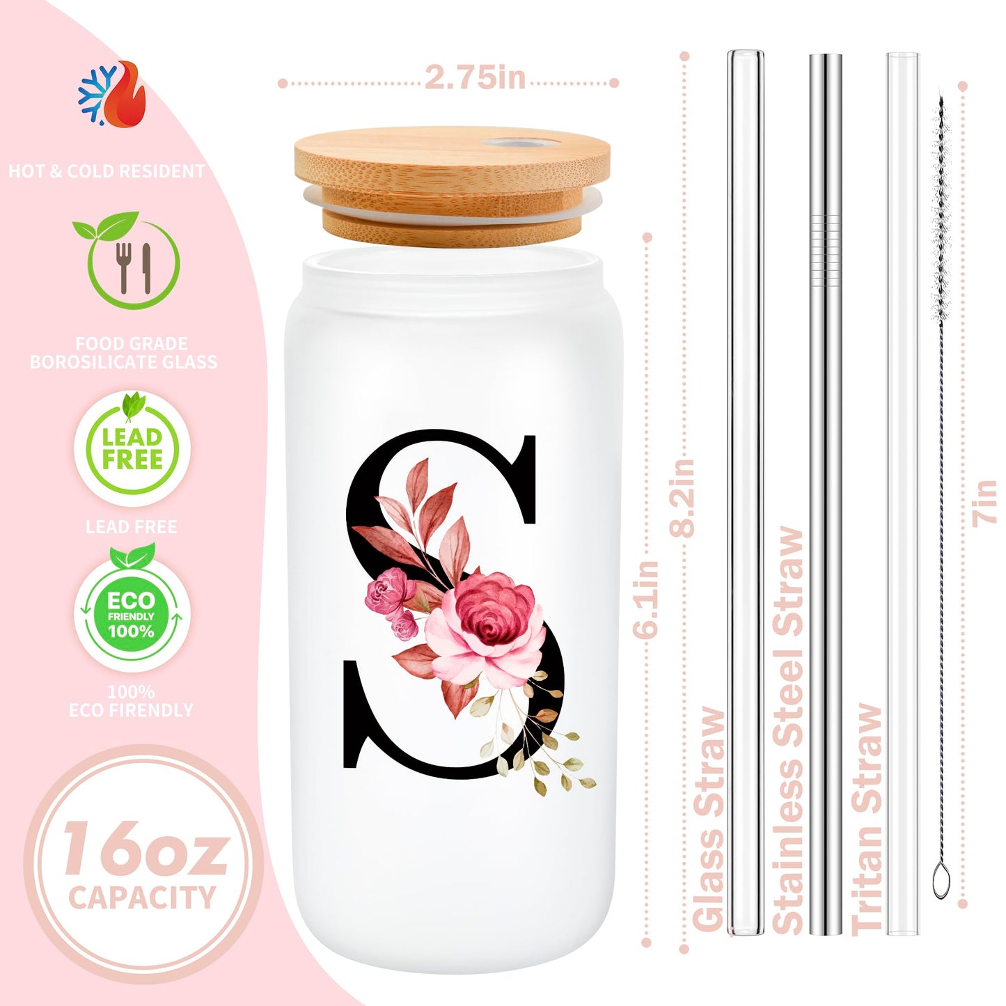 Personalized Gifts for Women, Monogrammed Frosted Glass Tumbler with Straw and Lid, Cute Customized Mug, Custom Initial Iced Coffee Glasses, Customizable Drinking Cup, Birthday Teacher Woman, S