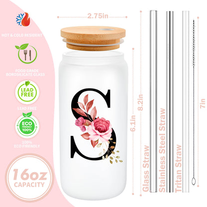 Personalized Gifts for Women, Monogrammed Frosted Glass Tumbler with Straw and Lid, Cute Customized Mug, Custom Initial Iced Coffee Glasses, Customizable Drinking Cup, Birthday Teacher Woman, S