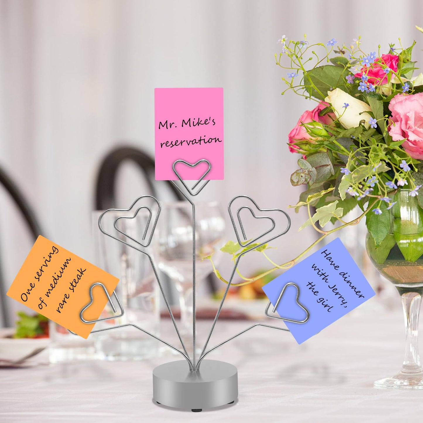 Desktop Heart-Shaped Photo Tree Style Holders Round Base,5-Branch Family Picture Frame Clips Holder Desk Card Display Stand for Christmas,Wedding, Birthday Party,Gift Silver