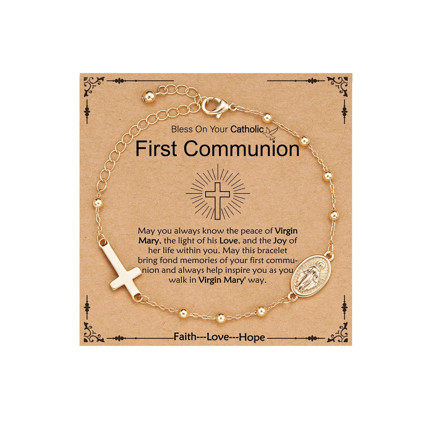 Catholic First Communion Confirmation Baptism Gifts for Girls Teens, Virgin Mary Cross Charm Link Chain Rosary Beads Bracelet Religious Jewelry Gifts