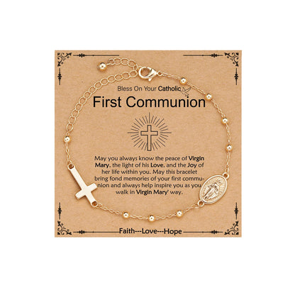 Catholic First Communion Confirmation Baptism Gifts for Girls Teens, Virgin Mary Cross Charm Link Chain Rosary Beads Bracelet Religious Jewelry Gifts