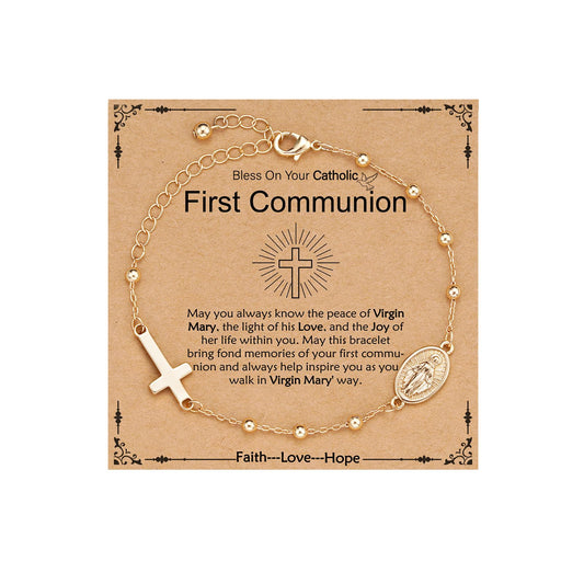 Catholic First Communion Confirmation Baptism Gifts for Girls Teens, Virgin Mary Cross Charm Link Chain Rosary Beads Bracelet Religious Jewelry Gifts