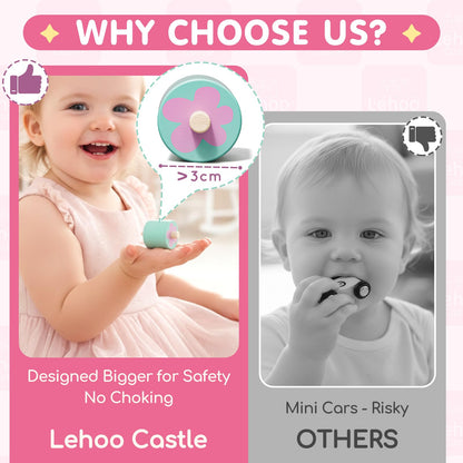 Lehoo Castle Wooden Car Ramp Toys for 1 Year Old Girl Birthday Gifts, Unicorn Montessori Toys for One Year Old, Wooden Race Track with 4 Rollers Toddler Toys for 2 Year Old Girl
