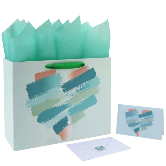 wishinside 13" Large Mint Green and Peach Gift Bag Set with Greeting Card and Tissue Papers for Valentines Day, Birthday Party, Wedding, Anniversary, Mother's Day, Brushstroke Heart Design, 1Pcs