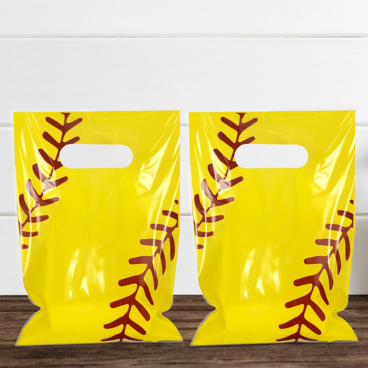 Hxezoc 50 Pieces Softball Gift Bags with Handle, Plastic Treat Candy Bag Sport Favor Bags For Kids Birthday Party Decoration Supplies (Yellow)