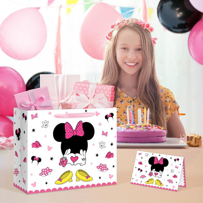 Reyoust 13" Large Cute Mouse Head Birthday Gift Bag with Tissue Paper and Greeting Card Mouse Themed Cartoon Party Gifts Bag with Handles Pink White Wrapping Paper Bags for Kids Girls Birthday