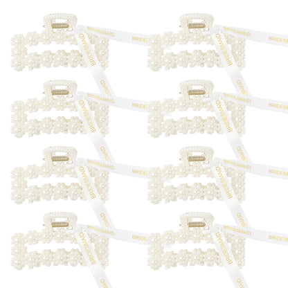 8 PCS Pearl Bridesmaid Gifts Rectangle Hair Claw Clips with Ribbon 3 Inch Hair Hccessories for Wedding Bachelorette Party Favors